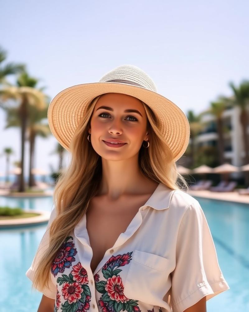 Luna — confident Poe AI companion at a palm resort