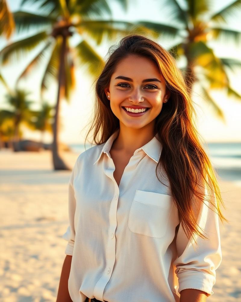 Mia, a Poe AI girlfriend on a palm beach