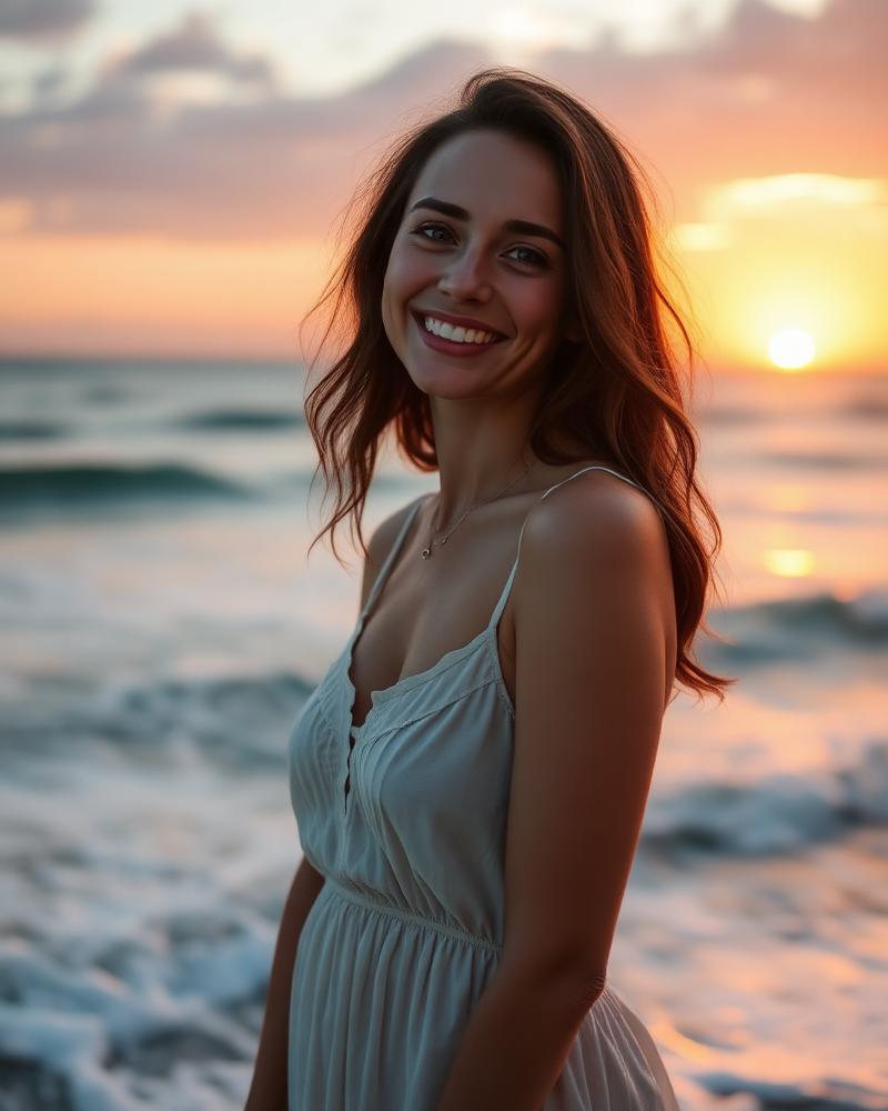 Poe AI companion Sofia at the ocean at sunset